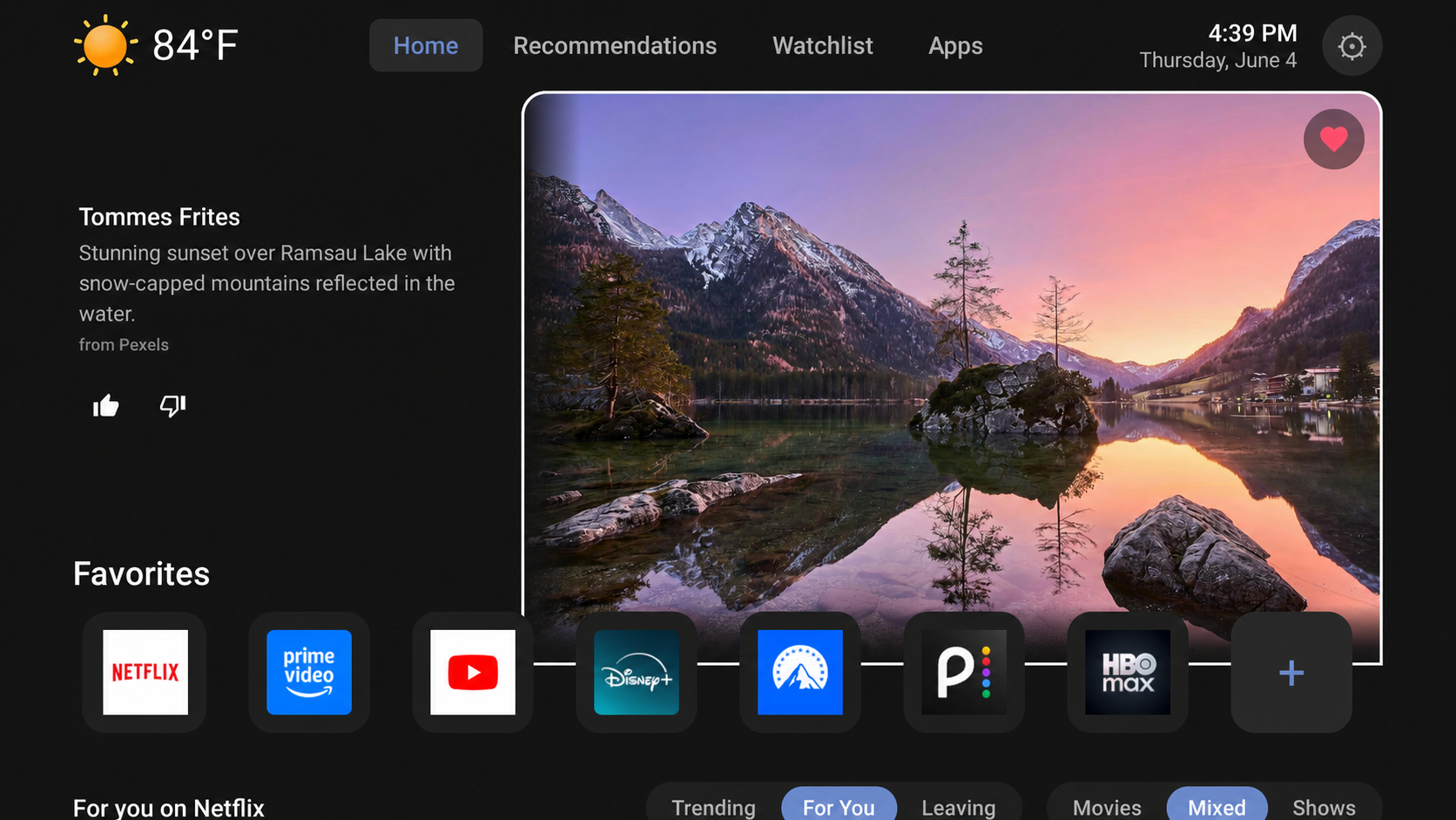 VelvetTV home screen showing personalized slideshow, favorites bar, and trending content