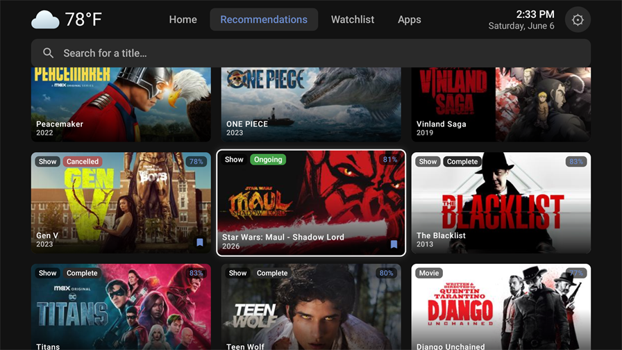 VelvetTV recommendations grid with match percentages, series status chips, and watchlist bookmarks