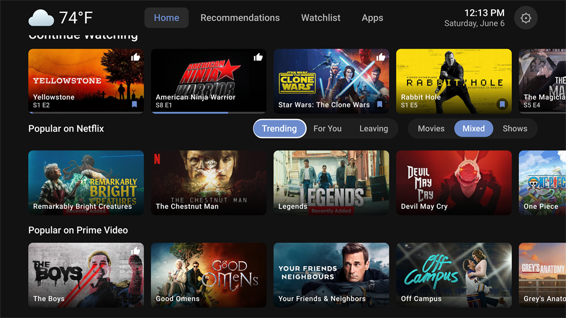 VelvetTV trending rows with Trending, For You, and Leaving pills above per-app rows